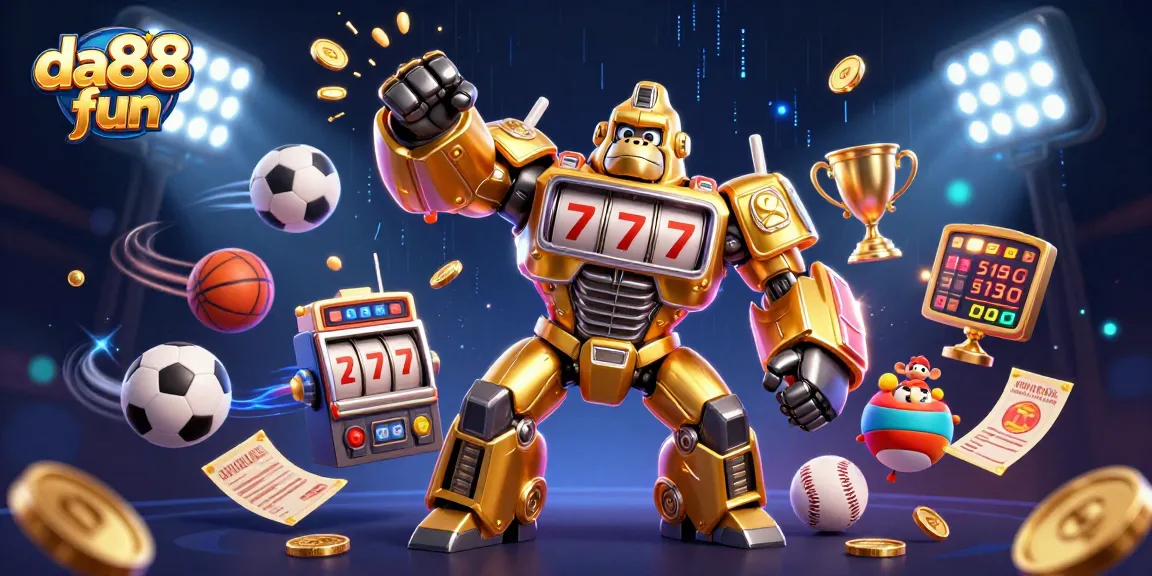 Experience the thrill of da88 fun with a dynamic illustration featuring a golden gorilla mech and sports elements.