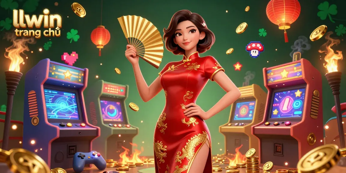 Win big with llwin trang chủ, featuring a radiant Asian woman in a qipao dress amidst vibrant casino elements.