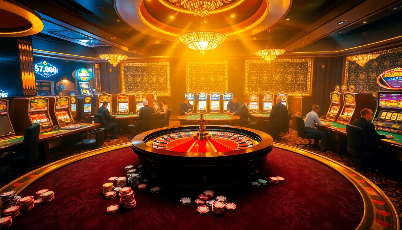 Exciting gameplay at the hit club casino with vibrant slots and poker tables glowing.