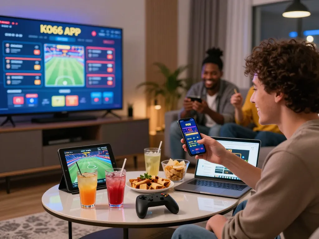 Friends joyfully engaging with the KO66 APP on a smartphone in a cozy living room during a game night.