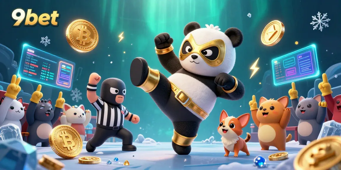 Engage with 9bet in a vibrant, animated 3D casino scene featuring playful characters and crypto elements.