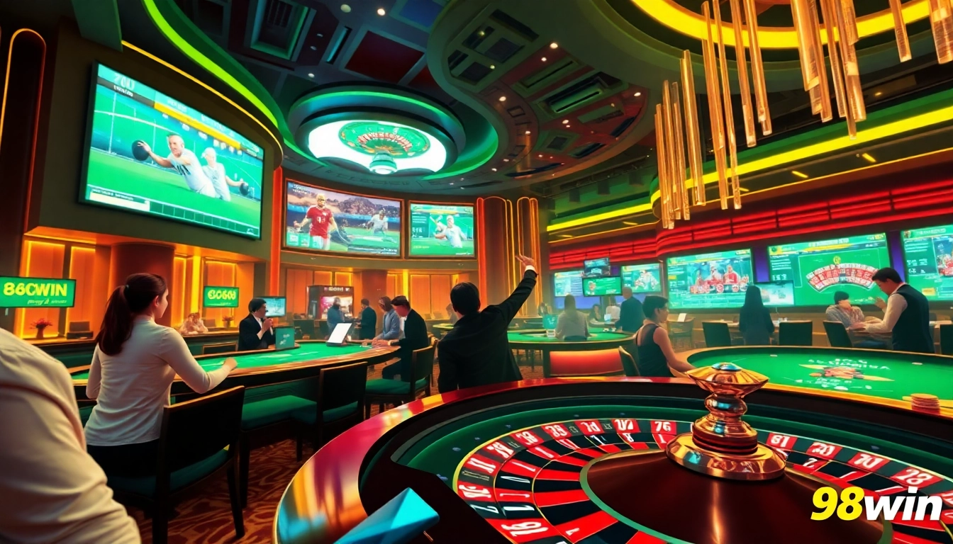 Experience immersive online gaming at 98win casino with vibrant scenes and dynamic players.