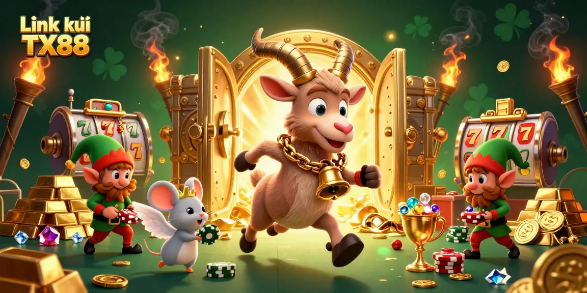 Win big with Link đăng ký TX88 at our vibrant holiday casino, featuring festive characters and golden treasures.