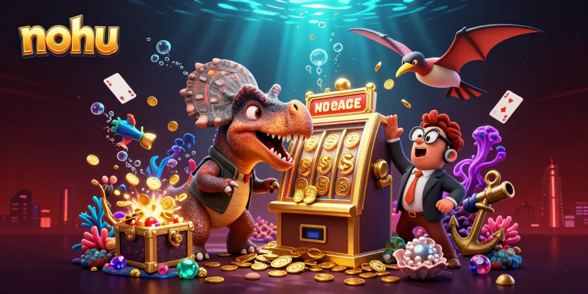 Nohu themed casino scene with dinosaur characters engaging in jackpot action and golden coin excitement.