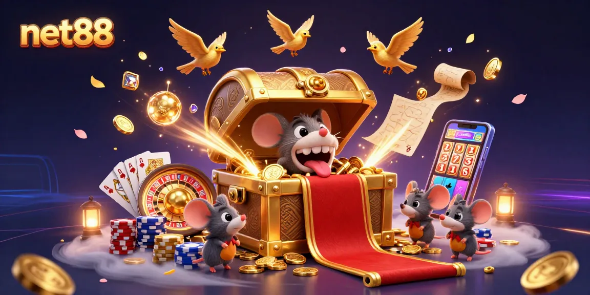 net88 captivates players with a vibrant casino scene of treasure chests, coins, and vibrant gaming elements.