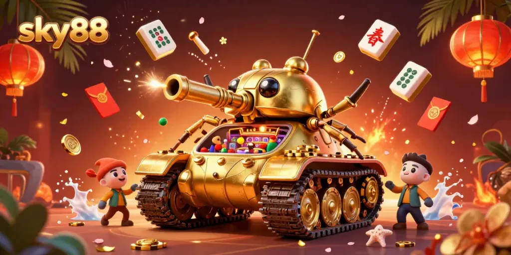Experience excitement and wins at sky88 with a vibrant 3D casino atmosphere full of playful characters.