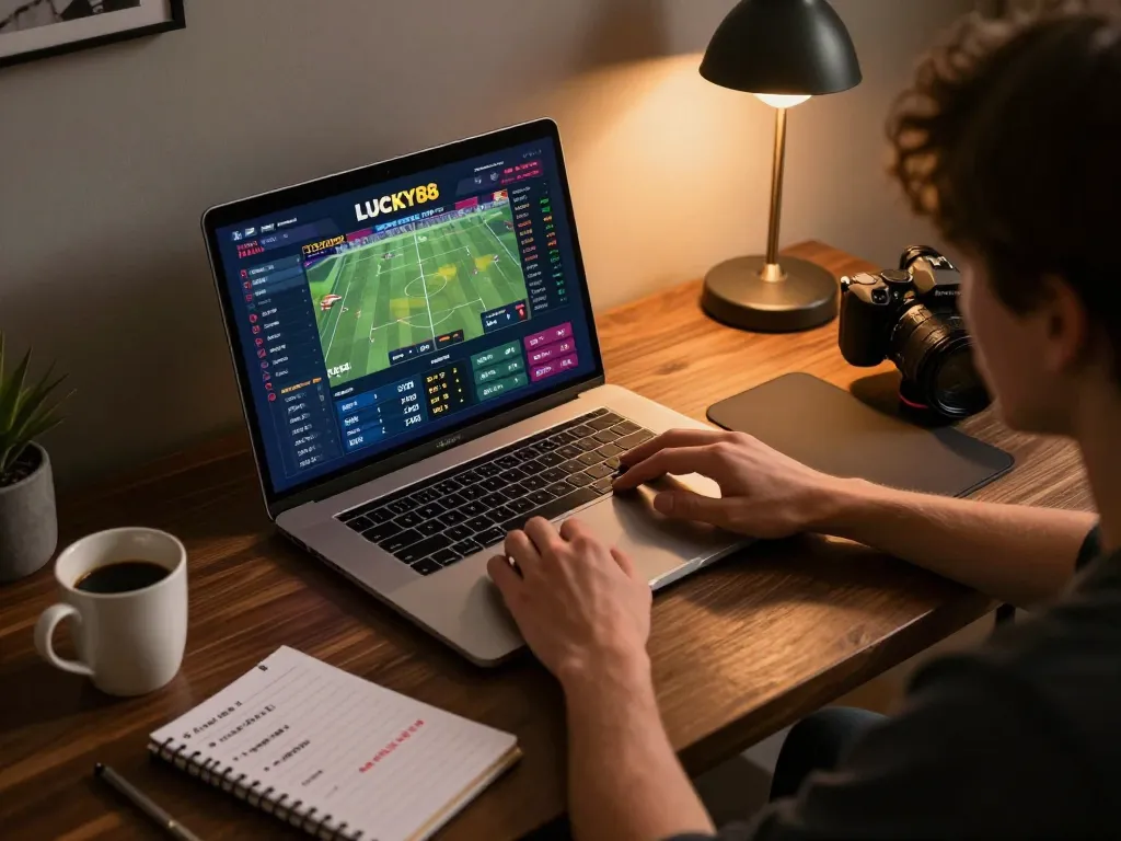 Engaging sports betting with LUCKY88 on a modern laptop in a warm home setting