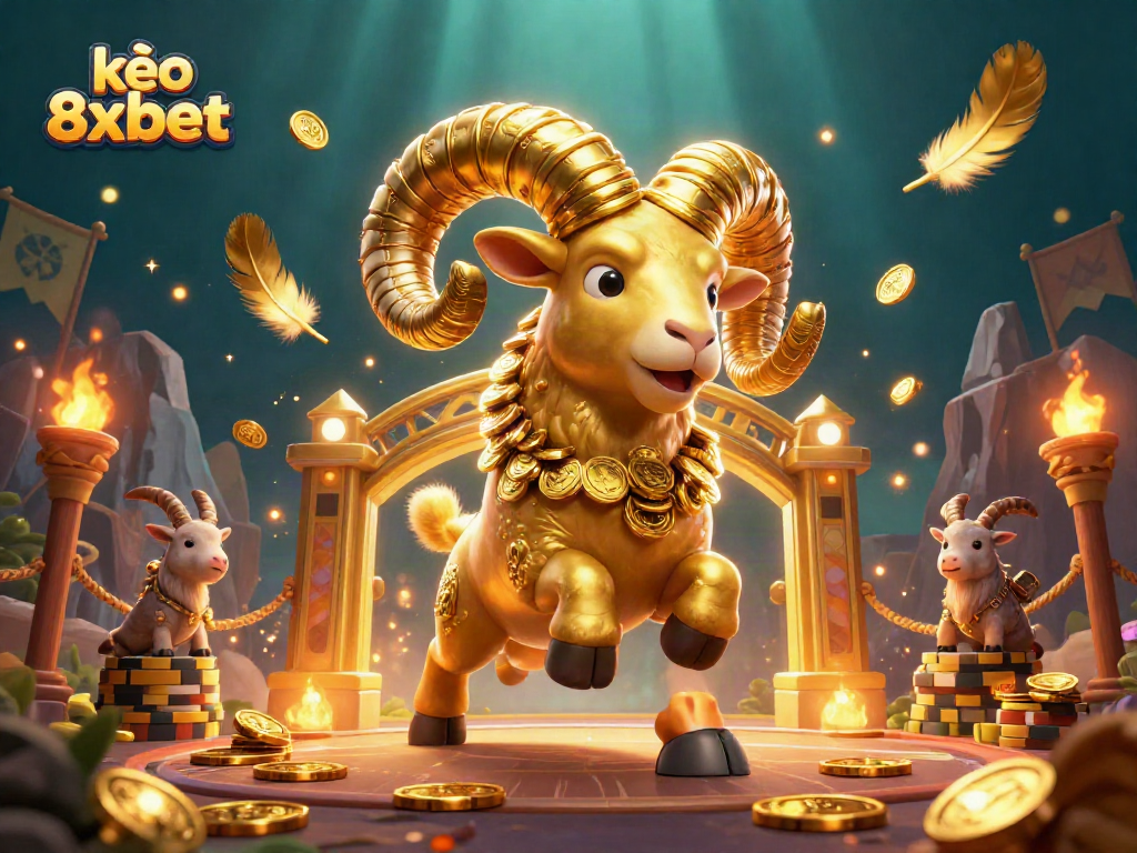 Engage with the thrilling kèo 8xbet scene featuring a golden ram charging at a sports betting arena.