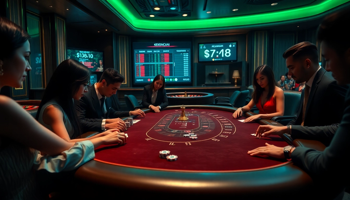 Experience the thrill of betting at Keonhacai5 with engaging casino visuals showcasing poker and roulette.