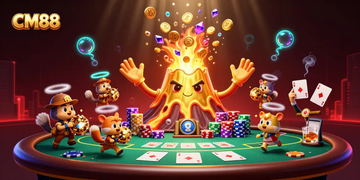 Experience thrilling gameplay at CM88 with a volcano erupting treasures in a vibrant casino setting.