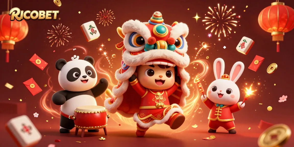 Place your bets at RICOBET while enjoying a vibrant 3D lion dance illustration with casino elements.