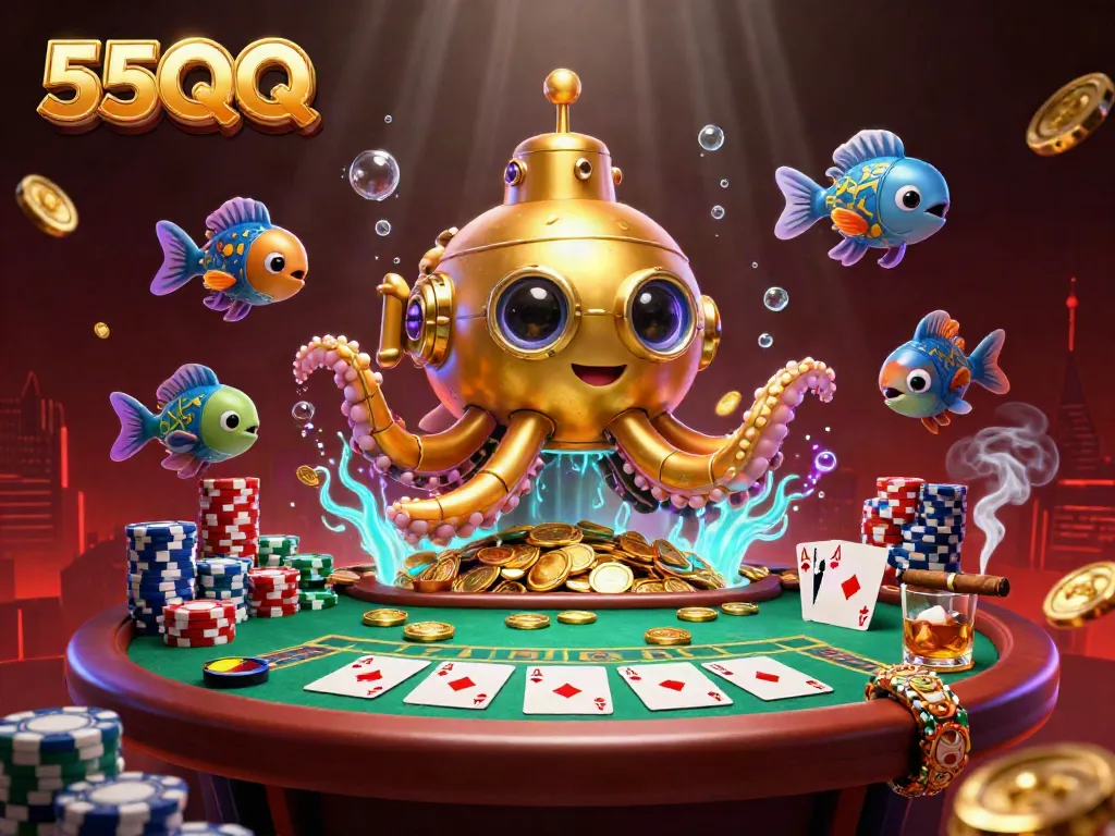 Experience the excitement of 55QQ with a vibrant 3D scene of golden treasures and poker action.