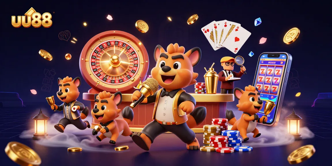 Experience the fun of uu88 with lively hyenas in a bustling casino scene featuring games, drinks, and laughter.