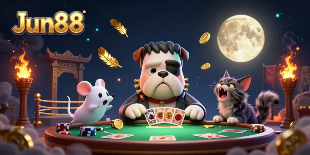 Experience thrilling poker action with Jun88's vibrant 3D fantasy scene featuring fun cartoon characters and dynamic casino elements.