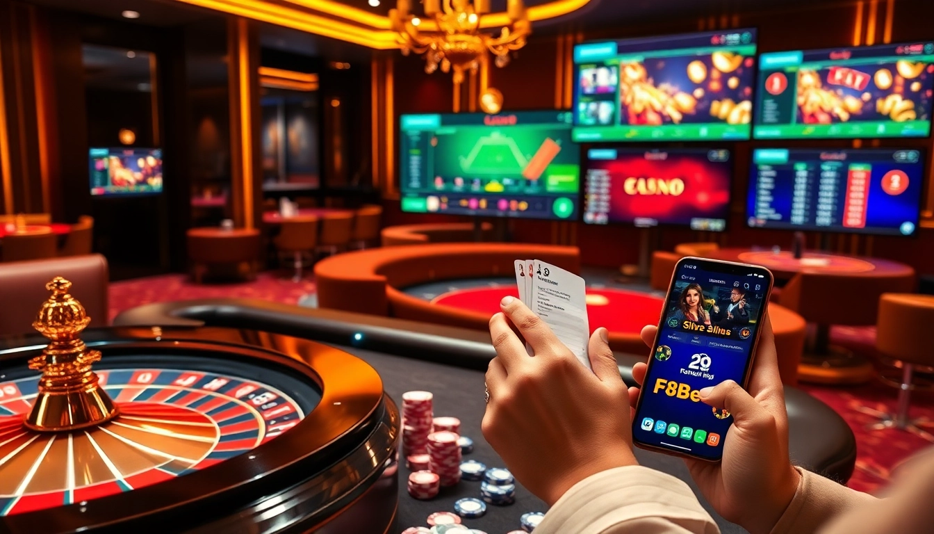 Engaging in Đăng nhập F8bet with a luxurious casino ambiance featuring roulette and poker tables.