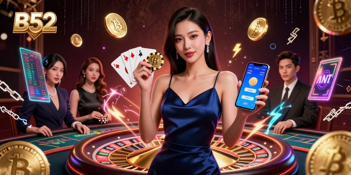 Experience B52 casino action with a stunning Asian woman surrounded by gaming elements and crypto coins.