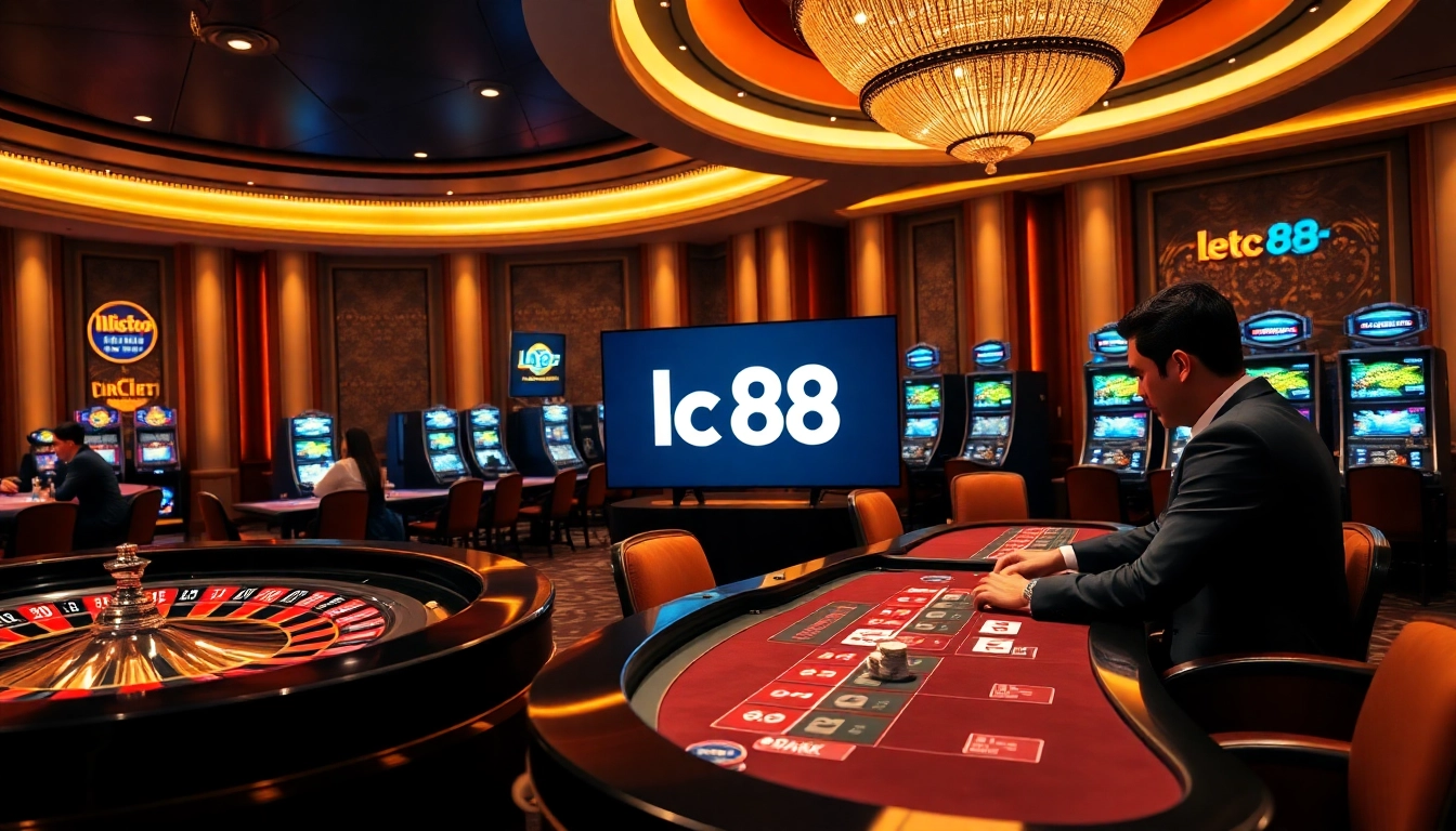 High-stakes players enjoying a dynamic casino experience at lc 88 with roulette and poker tables.