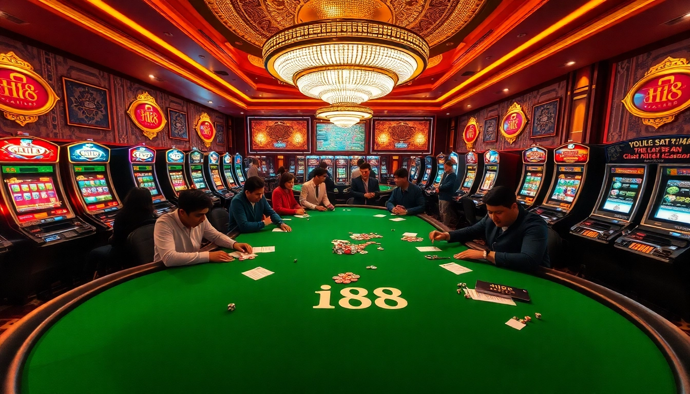 Experience thrilling gameplay at Hi88's luxurious casino with vibrant tables and slot machines.