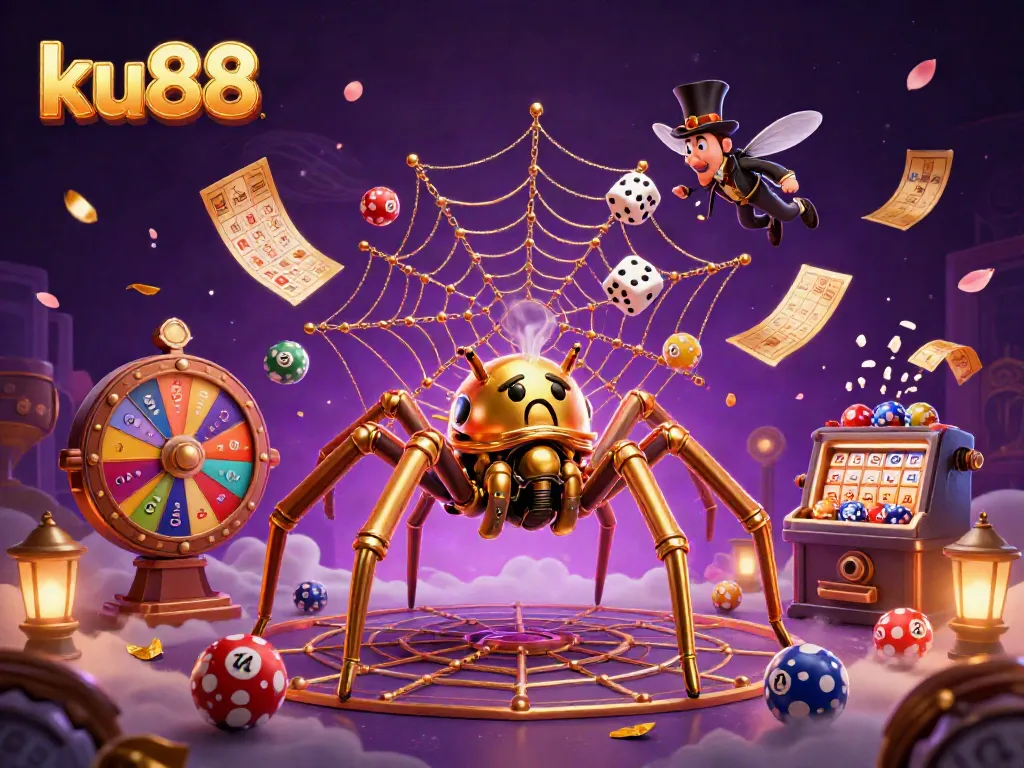 Experience the captivating world of ku88 with a golden spider catching dice, surrounded by vibrant lottery elements.