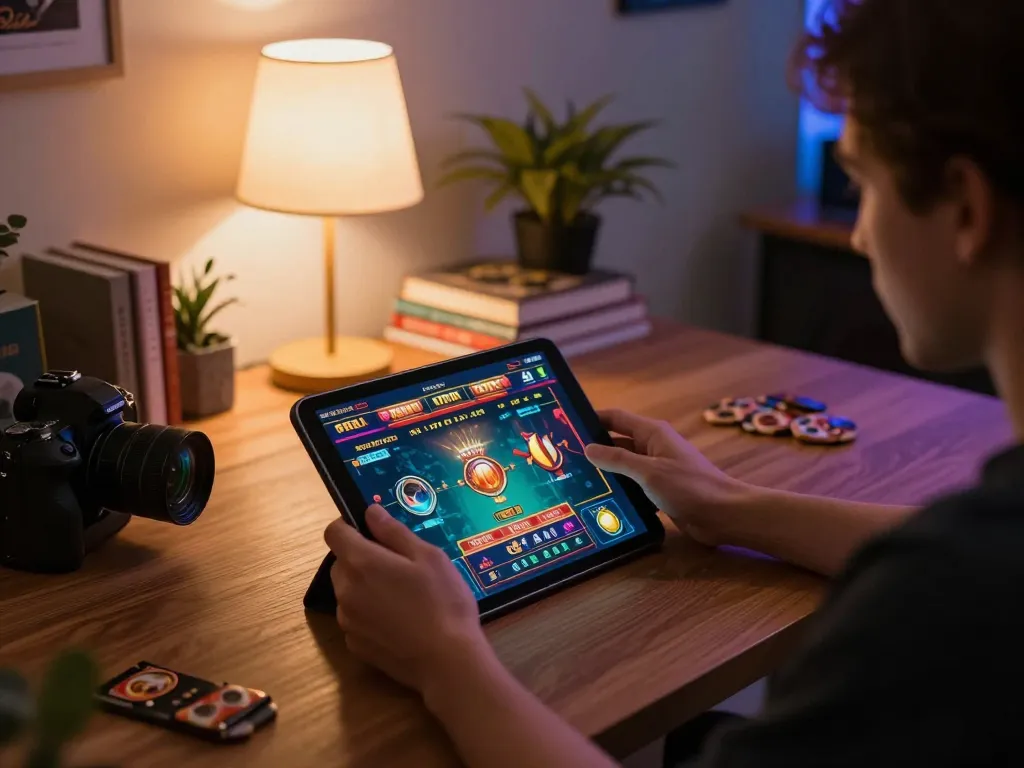 Engaging with SC88 COM on a tablet at a cozy home setup for online gaming.