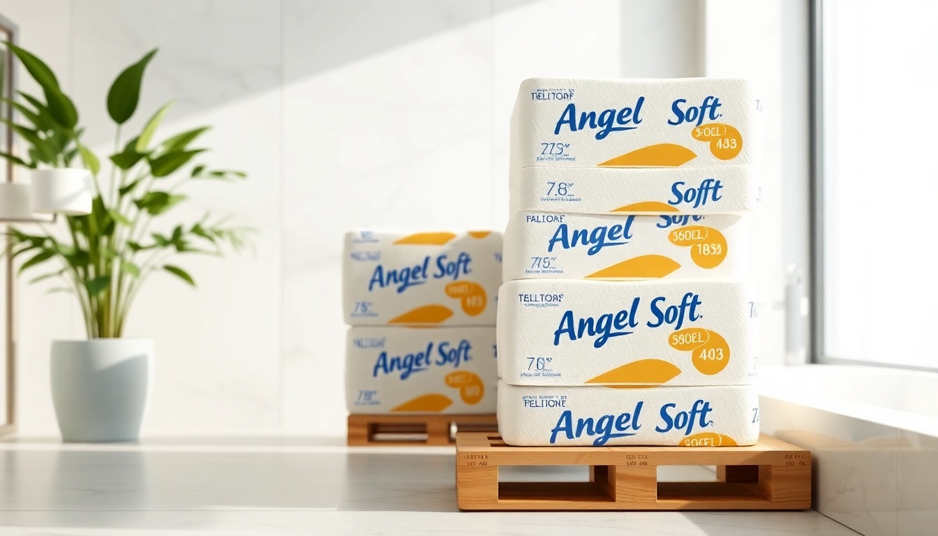 Arrange of Angel Soft Toilet Paper Pallets stacked beautifully in a modern bathroom setting.