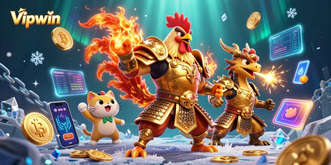 Engage in thrilling action at Vipwin with cartoon warriors and crypto assets in vibrant 3D illustration.