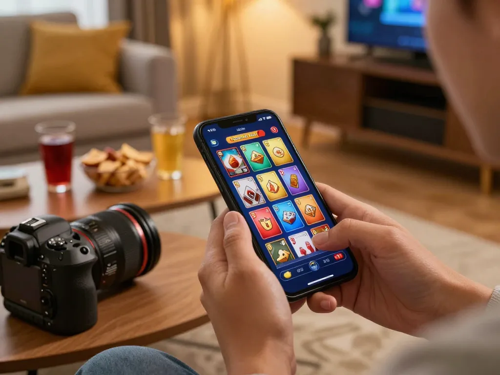 Engaging online casino setup featuring hands using game bài đổi thưởng app on smartphone amidst cozy living room ambiance.