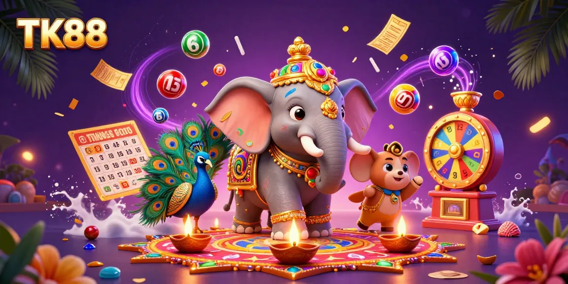 Experience exciting wins at TK88 with colorful lottery balls and vibrant casino elements.