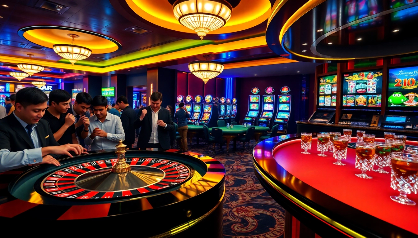 Experience luxury gambling at 7hh.br.com with vibrant slot machines and a roulette table.