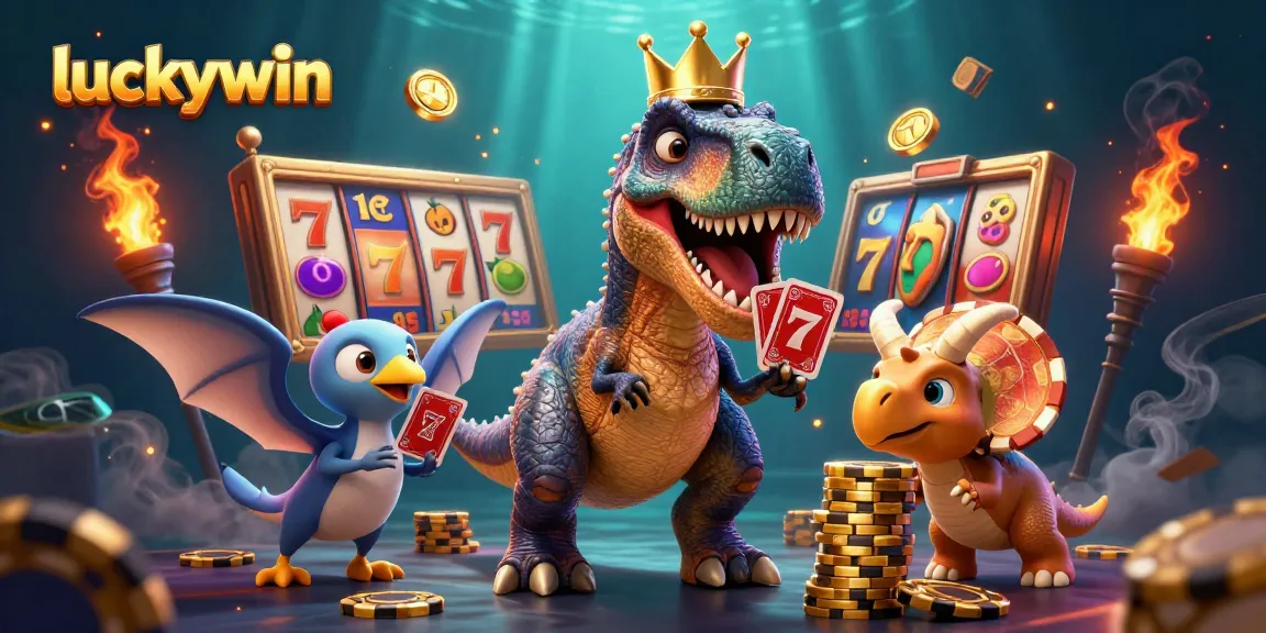Experience the thrill of luckywin with a vibrant T-Rex shuffling cards in a playful casino scene.