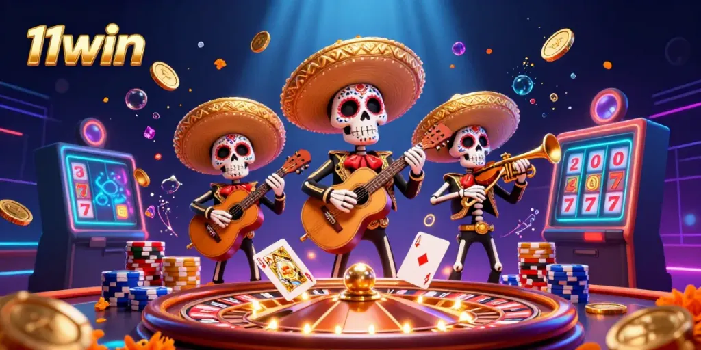 Experience the vibrant casino atmosphere with 11win's mariachi band, golden coins, and lucky symbols.