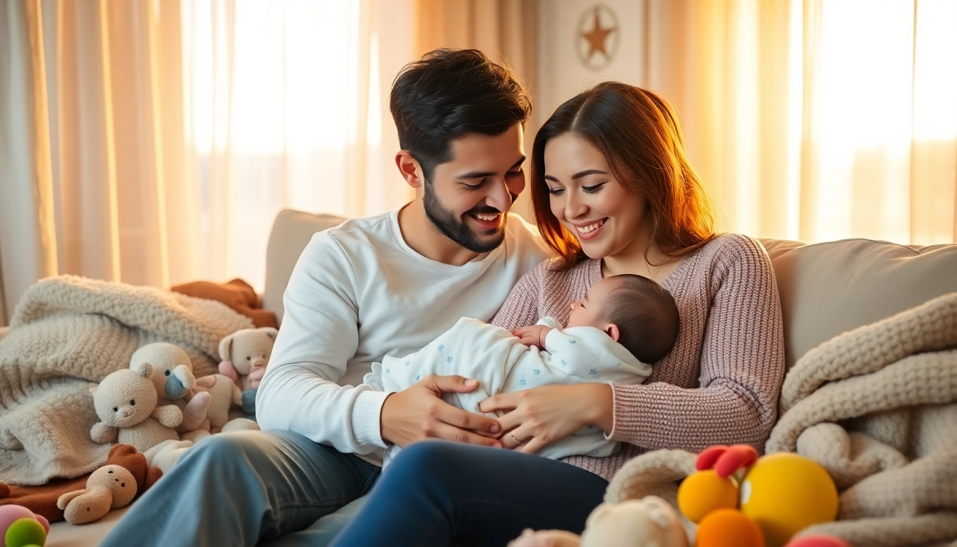 Family with newborn baby sharing joyful moments in a cozy living room