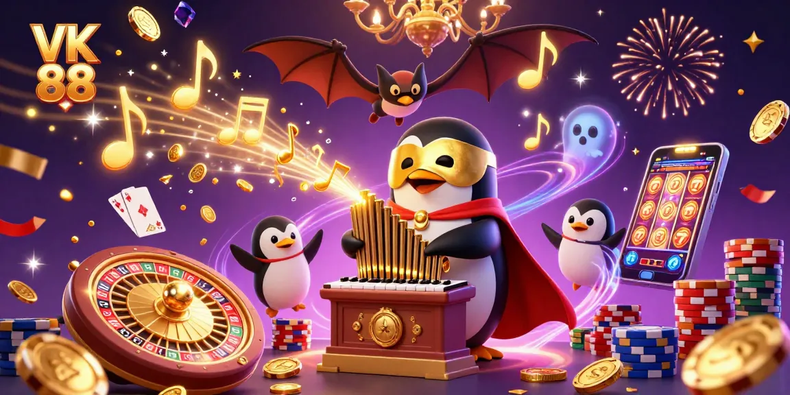 Experience the thrill of VK 88 with a majestic organist penguin amidst dazzling casino action.