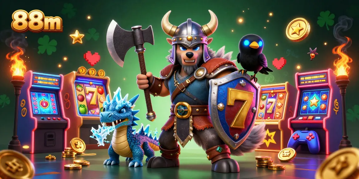 Win big with 88m in this dynamic 3D casino scene featuring a Viking wolf, fierce dragon, and glowing game elements.