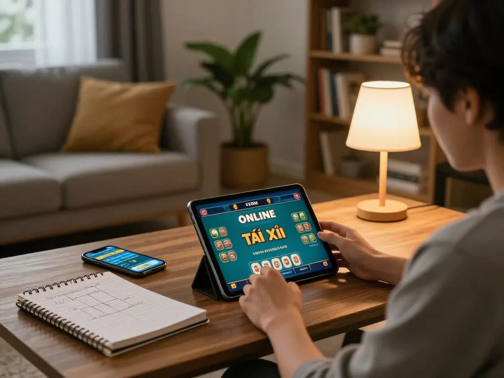 Tài Xỉu gameplay at home with a player using a tablet in a cozy setting.