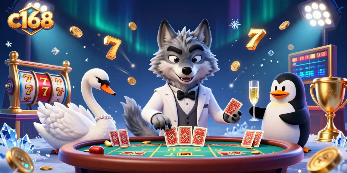 Experience thrilling moments at c168 with a debonair wolf and elegant characters in a vibrant casino scene.