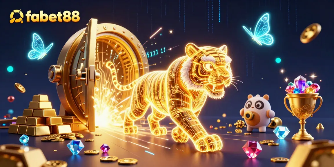 Engage with fabet88's vibrant casino world, highlighted by a glowing golden tiger and shimmering treasures.