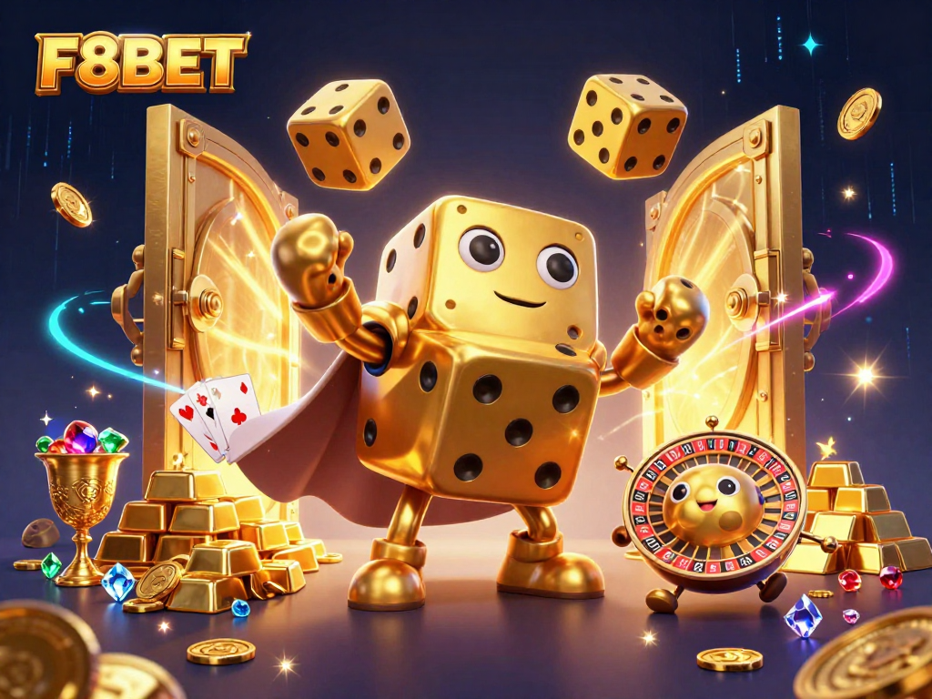 Join the fun at F8BET with a vibrant casino scene showcasing golden dice and treasures!