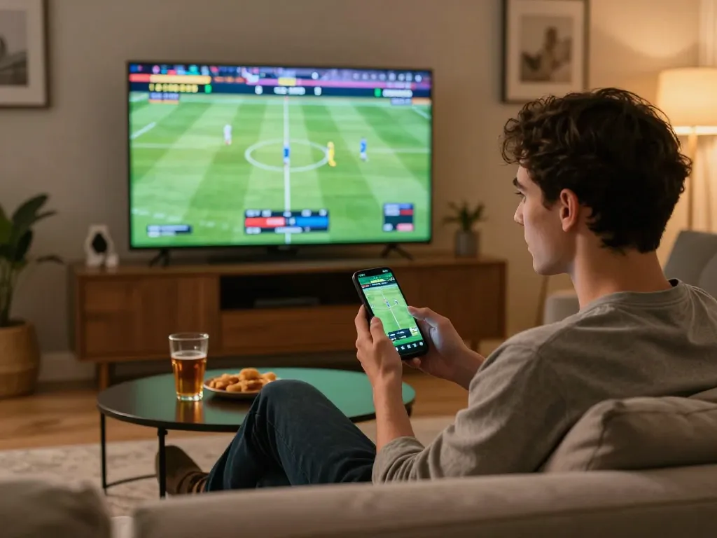 Engaging sports betting moment with XX88 app on smartphone amid a cozy setting