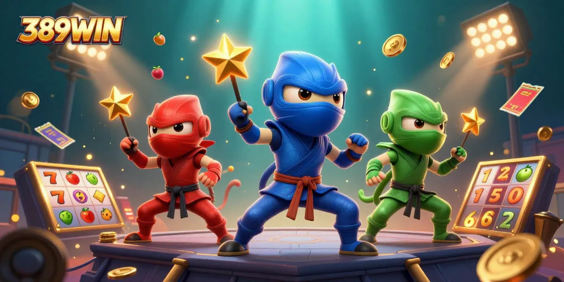 Experience the excitement of 389WIN with vibrant slots and ninja chameleons in a dynamic scene.