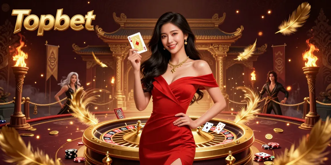 Play exciting games at Topbet with an elegant dealer amidst vibrant casino elements.
