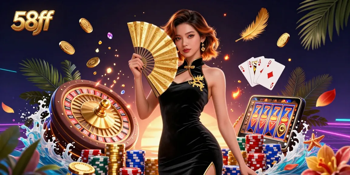 Experience the thrill at 58ff with stunning games, golden coins, and mobile betting elements.
