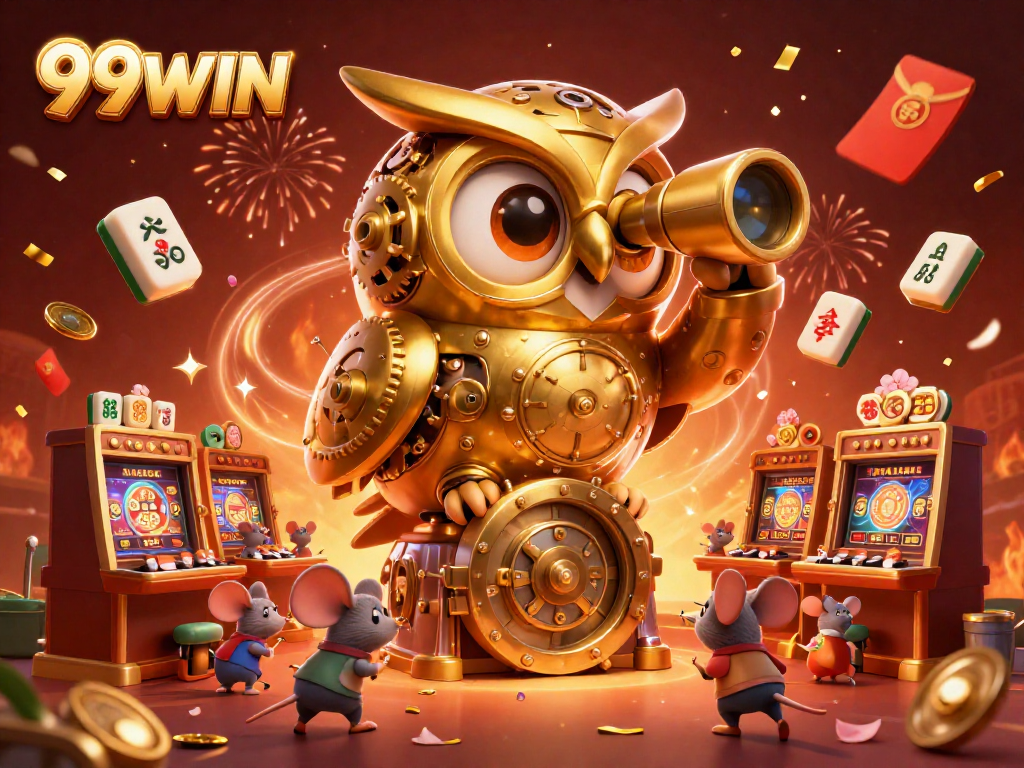 Engage with vibrant 99WIN casino excitement featuring clockwork owl and animated patrons.