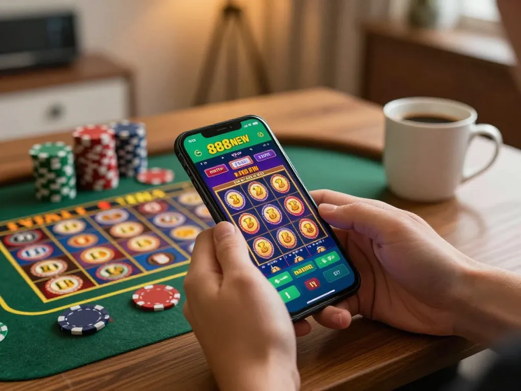 888NEW app interface displayed on smartphone during a cozy home gaming session, showcasing vibrant online slots.