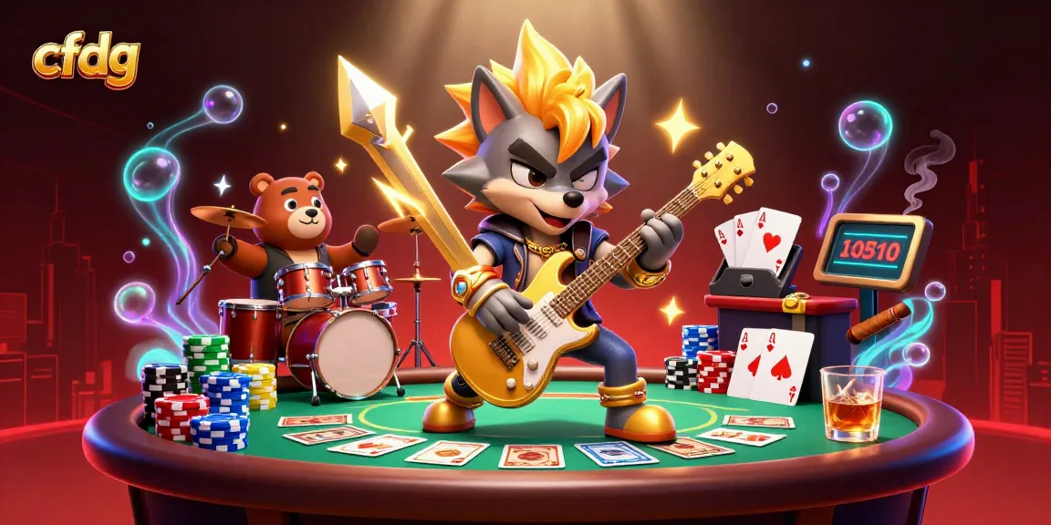 Engaging 3D scene at cfdg featuring a rock star wolf and a drummer bear in a vibrant casino-themed performance.