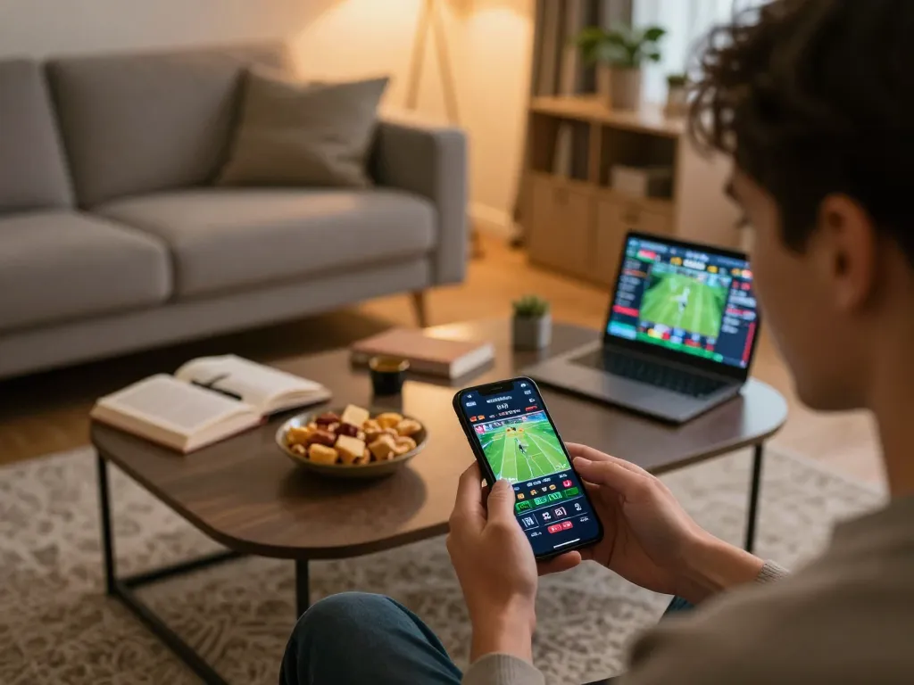 Engaged player using mk8 for live sports betting at home with smartphone, showcasing strategic gaming.