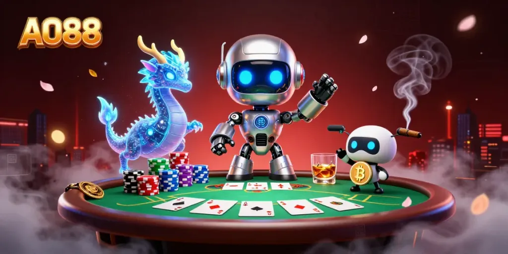 Experience thrilling AO88 gameplay with a cyberpunk robot and holographic dragon at a vibrant poker table