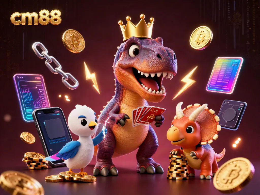Experience thrilling action at cm88 as a T-Rex shuffles cards while friends stack chips.