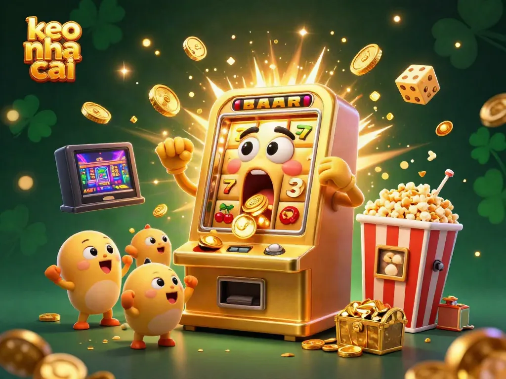 Experience the excitement of keo nha cai with a cartoon golden slot machine hitting the jackpot amidst festive casino elements.