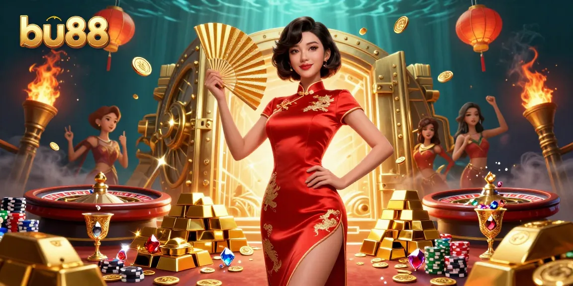 Experience thrilling gameplay at bu88, showcasing a vibrant casino scene filled with gold and games.